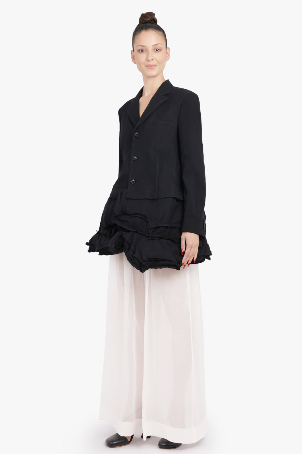 COMME DES GARCONS RTW Deconstruct Asymmetric Jacket With Tulle Hem Detail | Black