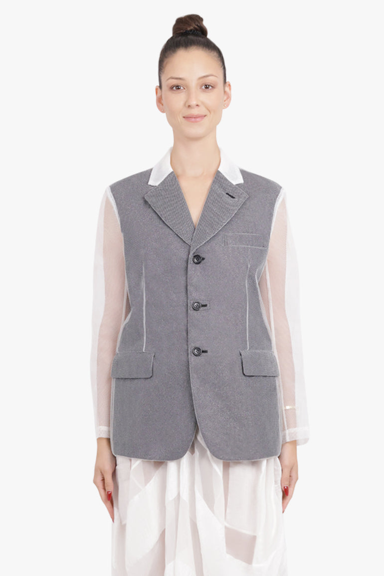 COMME DES GARCONS RTW Tulle Overlay Tailored Jacket With Sheer Sleeves | Black/Silver/White