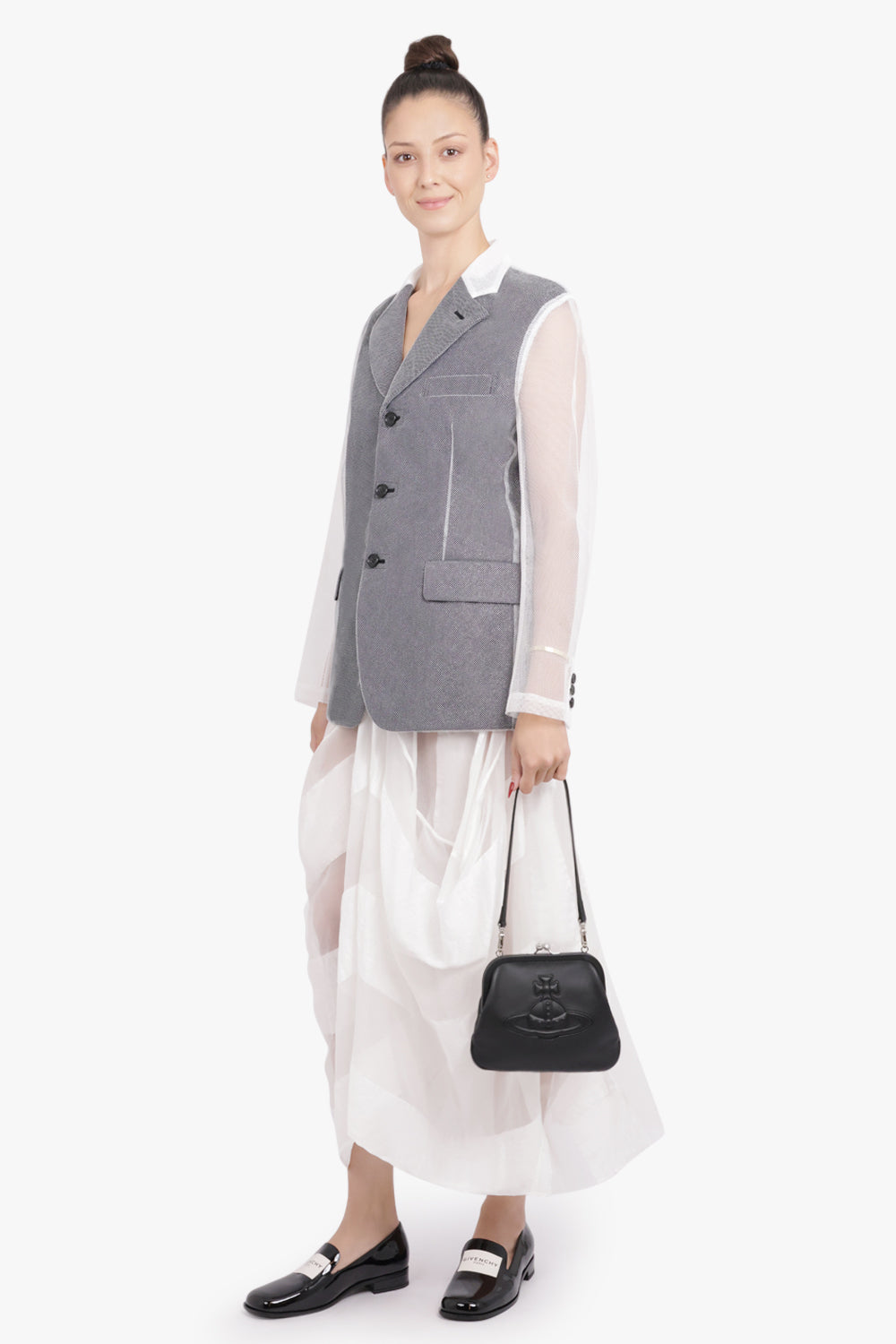 COMME DES GARCONS RTW Tulle Overlay Tailored Jacket With Sheer Sleeves | Black/Silver/White