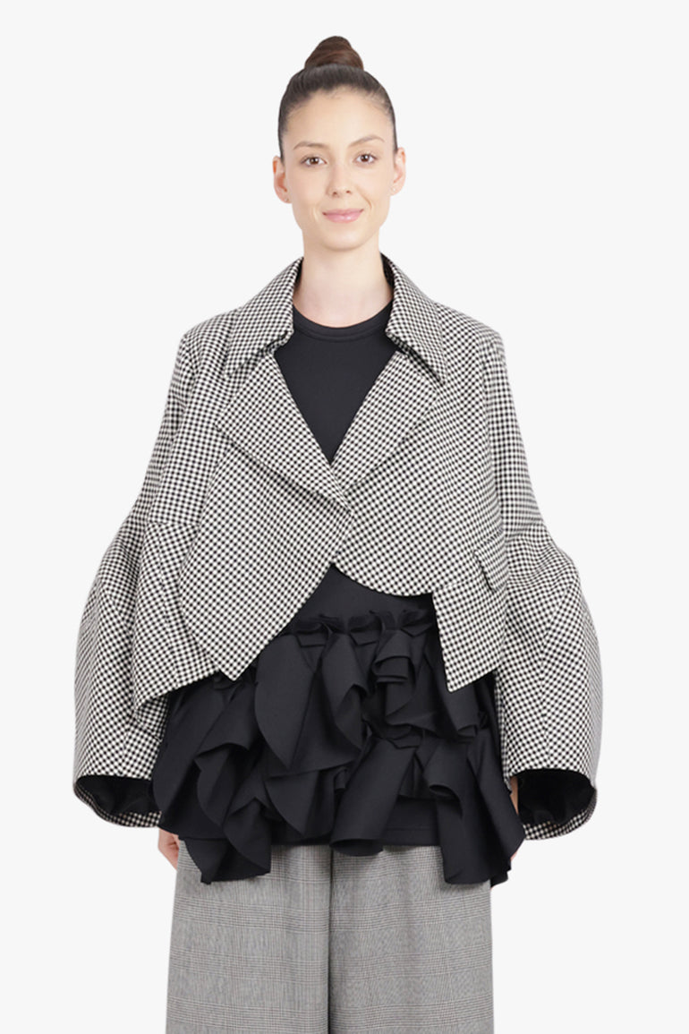 COMME DES GARCONS RTW Avant Garde Gingham Crop Jacket With Balloon Sleeve | Black/ Ecru