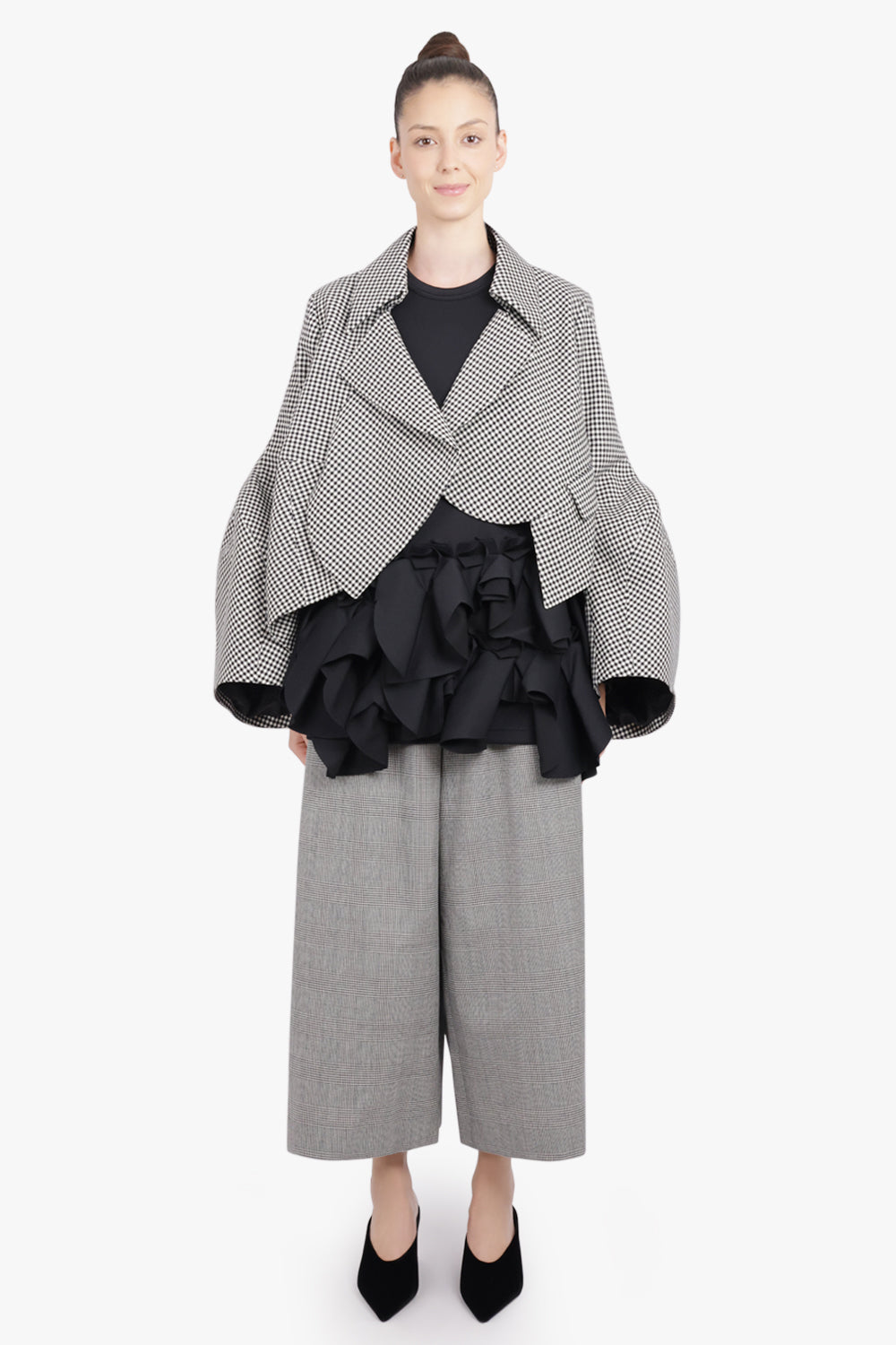 COMME DES GARCONS RTW Avant Garde Gingham Crop Jacket With Balloon Sleeve | Black/ Ecru