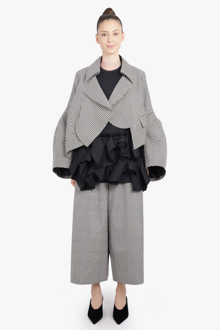 COMME DES GARCONS RTW Avant Garde Gingham Crop Jacket With Balloon Sleeve | Black/ Ecru