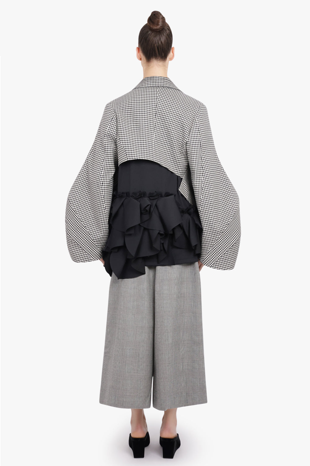 COMME DES GARCONS RTW Avant Garde Gingham Crop Jacket With Balloon Sleeve | Black/ Ecru