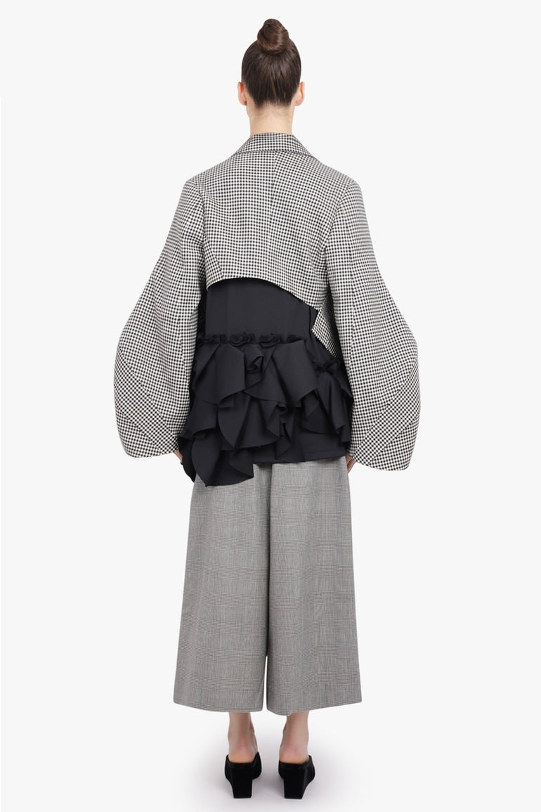 COMME DES GARCONS RTW Avant Garde Gingham Crop Jacket With Balloon Sleeve | Black/ Ecru