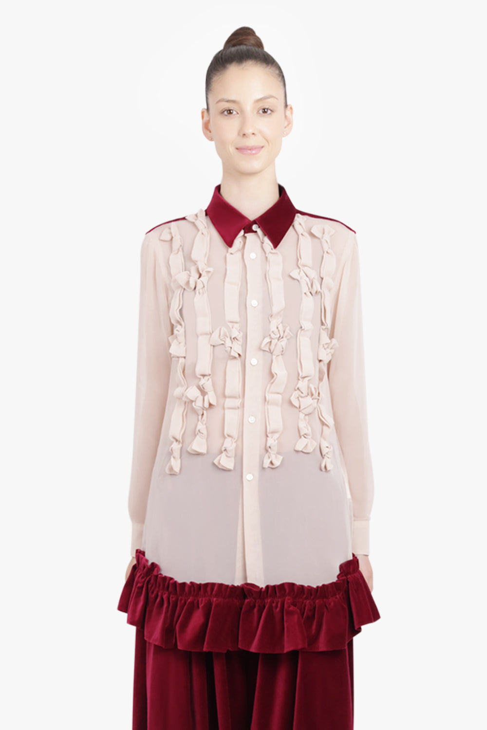 COMME DES GARCONS RTW Bow Embellish L/S Shirt With Velvet Ruffle Hem | Beige/Burgundy