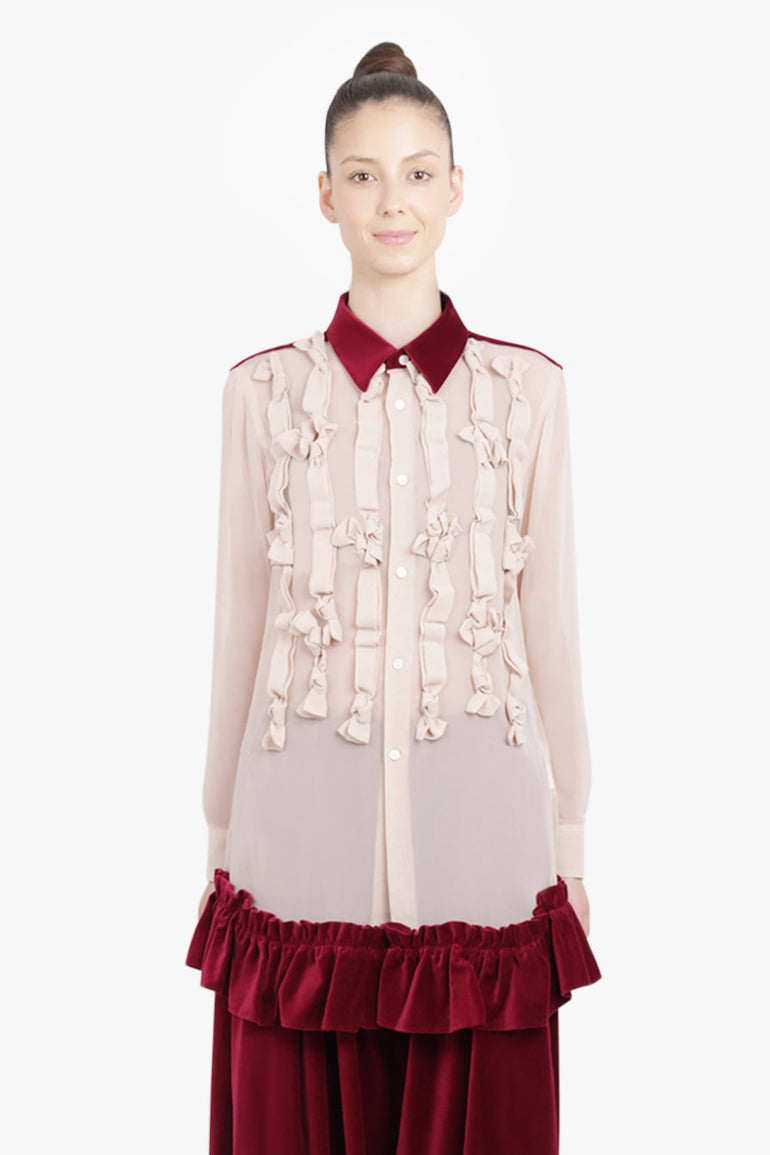COMME DES GARCONS RTW Bow Embellish L/S Shirt With Velvet Ruffle Hem | Beige/Burgundy