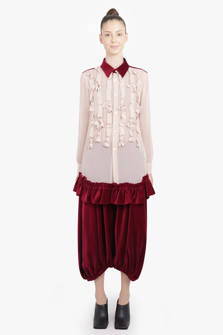 COMME DES GARCONS RTW Bow Embellish L/S Shirt With Velvet Ruffle Hem | Beige/Burgundy