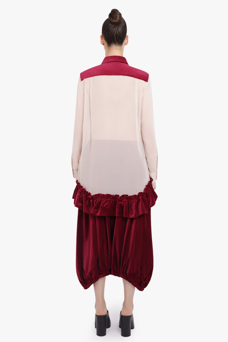 COMME DES GARCONS RTW Bow Embellish L/S Shirt With Velvet Ruffle Hem | Beige/Burgundy
