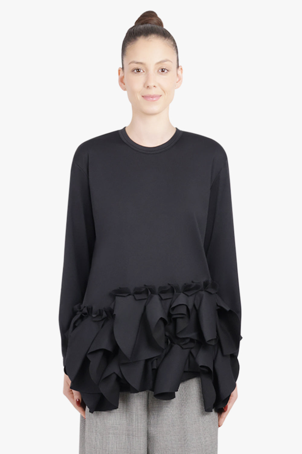 COMME DES GARCONS RTW Crew Neck L\S  Top with Exaggerated Ruffle Hem | Black