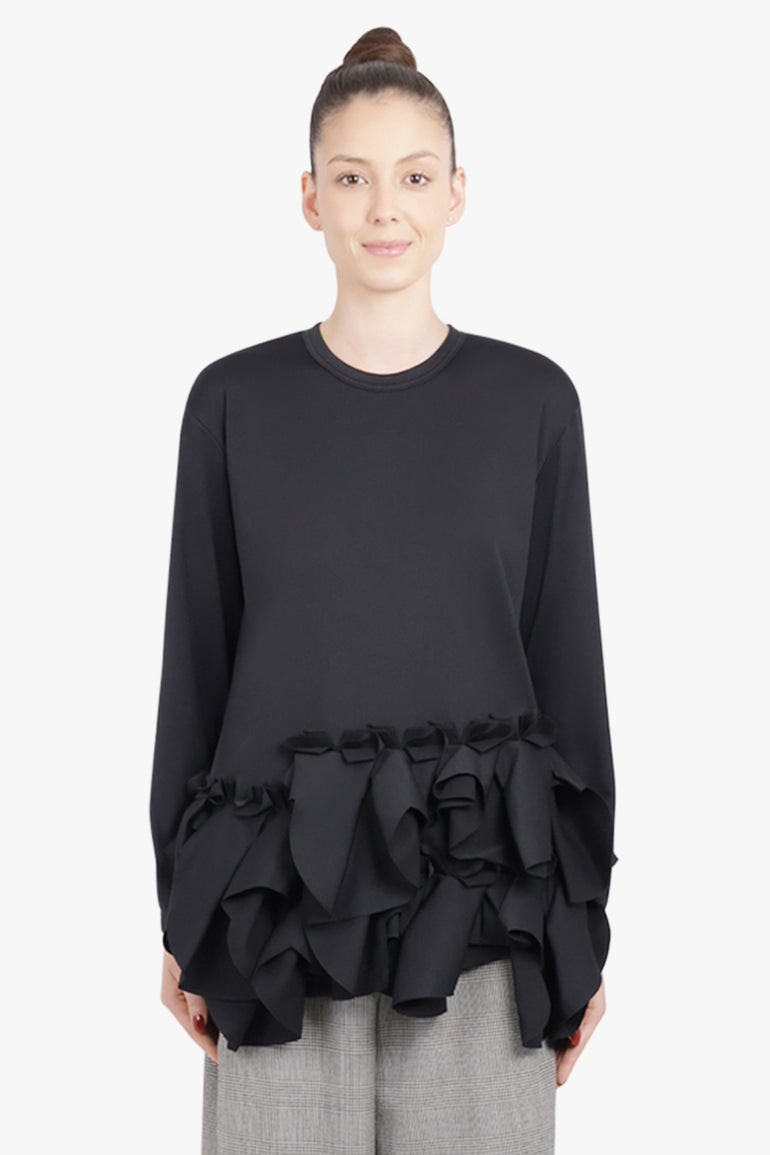 COMME DES GARCONS RTW Crew Neck L\S  Top with Exaggerated Ruffle Hem | Black