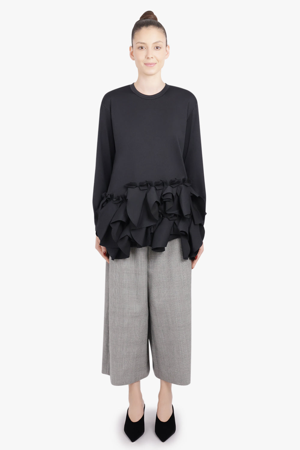 COMME DES GARCONS RTW Crew Neck L\S  Top with Exaggerated Ruffle Hem | Black