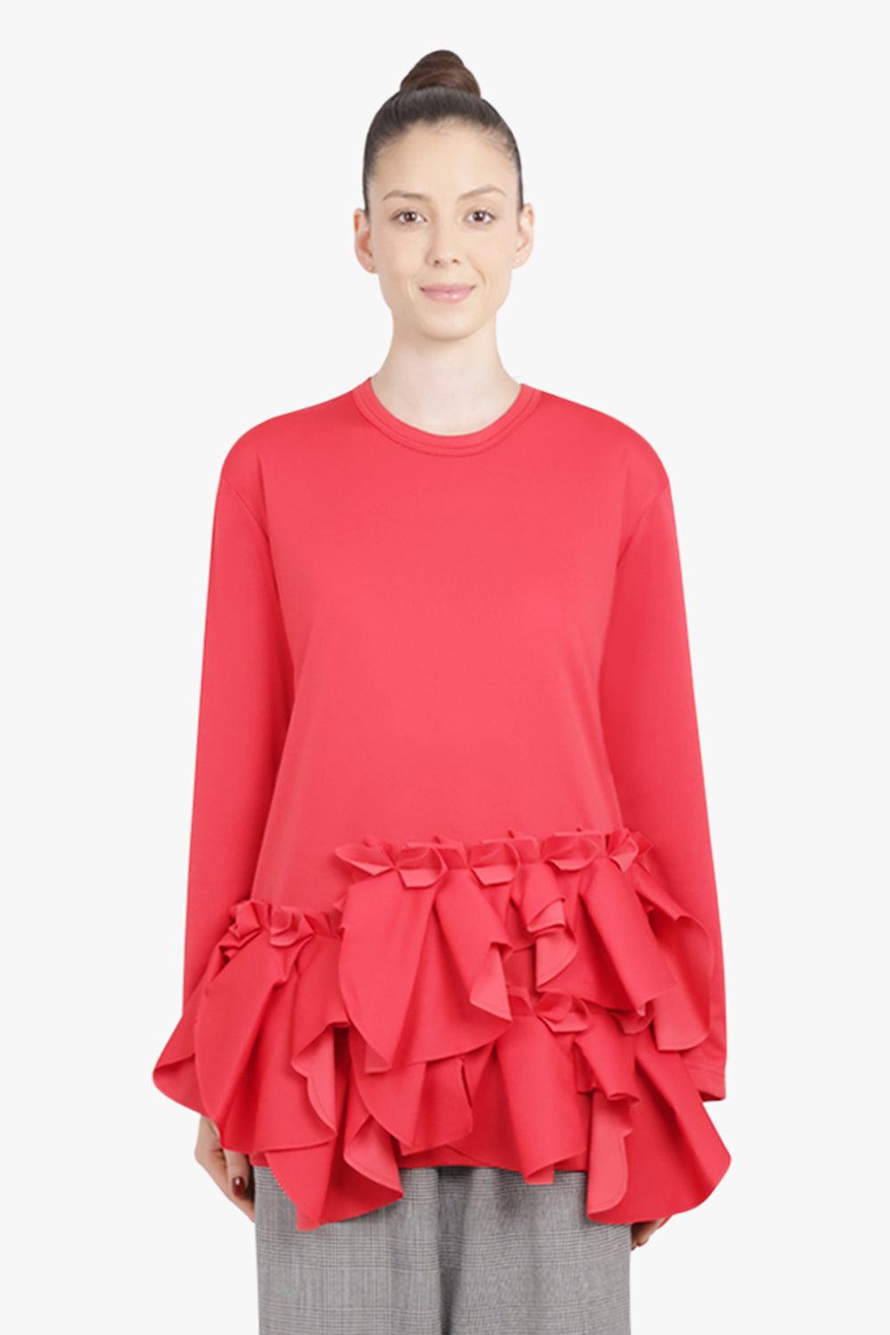 COMME DES GARCONS RTW Crew Neck L\S  Top with Exaggerated Ruffle Hem | Red