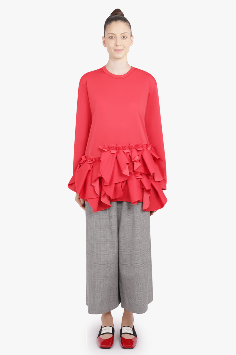 COMME DES GARCONS RTW Crew Neck L\S  Top with Exaggerated Ruffle Hem | Red