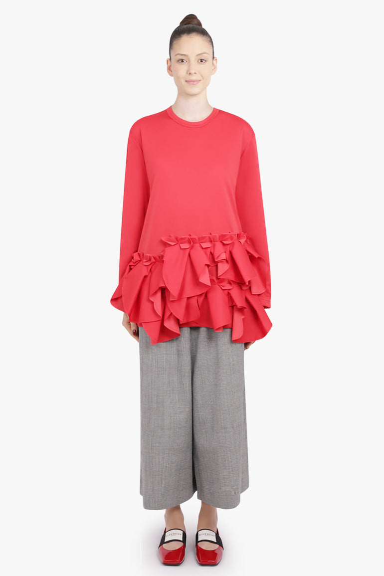COMME DES GARCONS RTW Crew Neck L\S  Top with Exaggerated Ruffle Hem | Red