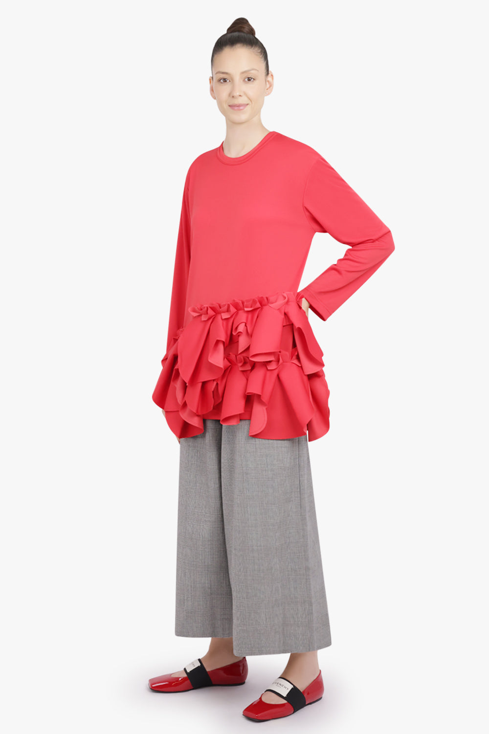 COMME DES GARCONS RTW Crew Neck L\S  Top with Exaggerated Ruffle Hem | Red
