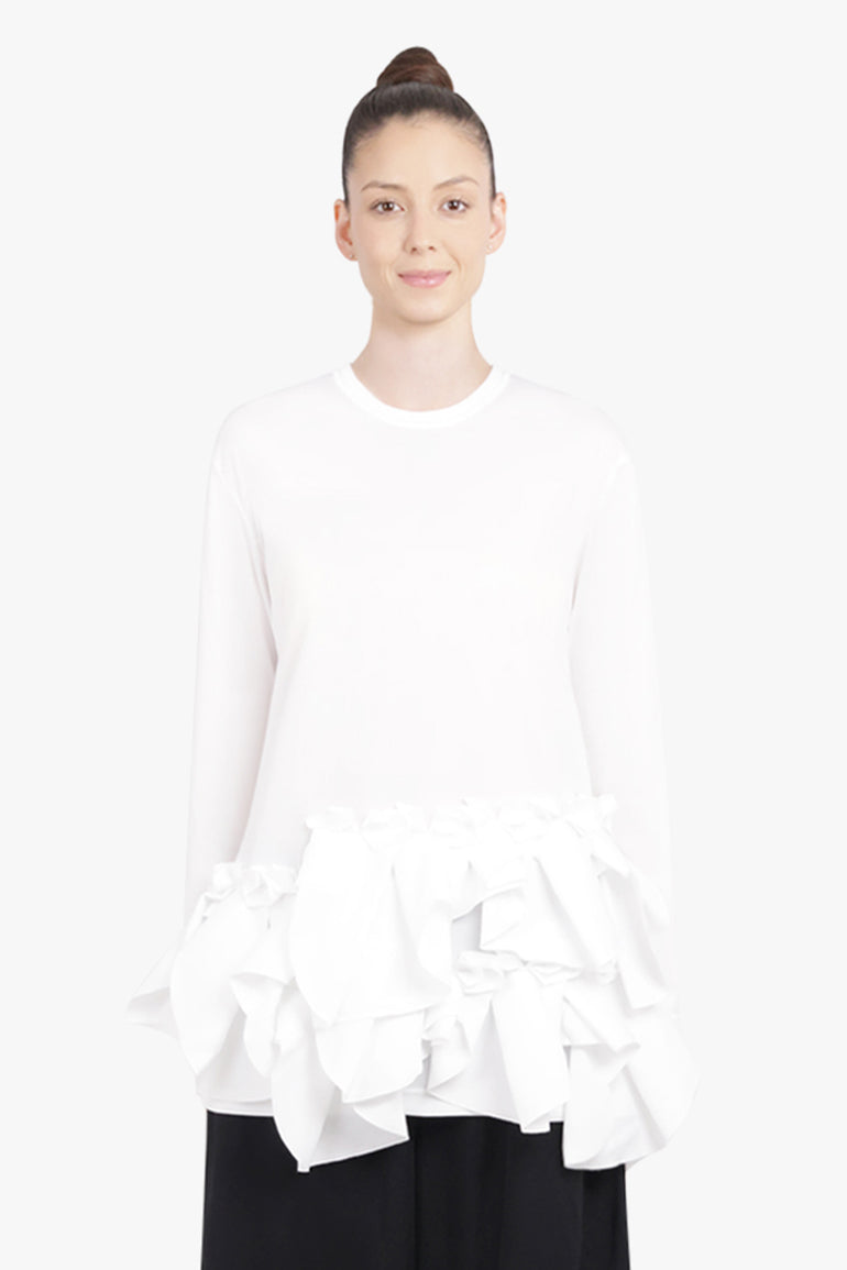 COMME DES GARCONS RTW Crew Neck L\S  Top with Exaggerated Ruffle Hem | White
