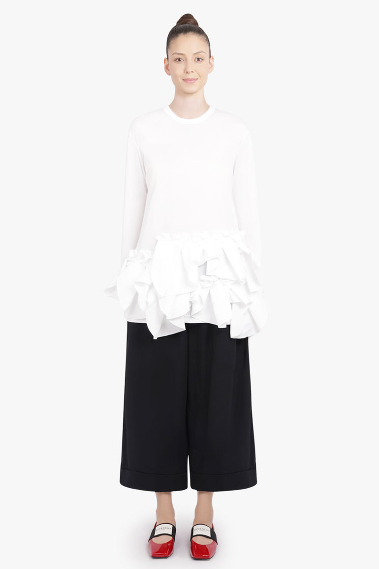 COMME DES GARCONS RTW Crew Neck L\S  Top with Exaggerated Ruffle Hem | White