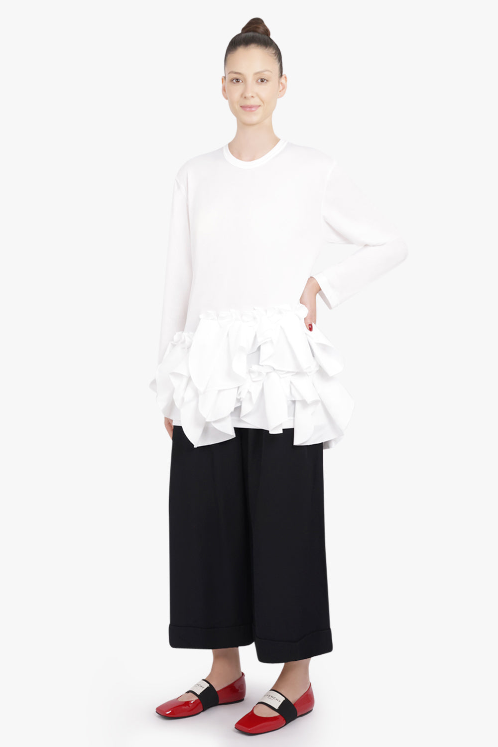COMME DES GARCONS RTW Crew Neck L\S  Top with Exaggerated Ruffle Hem | White