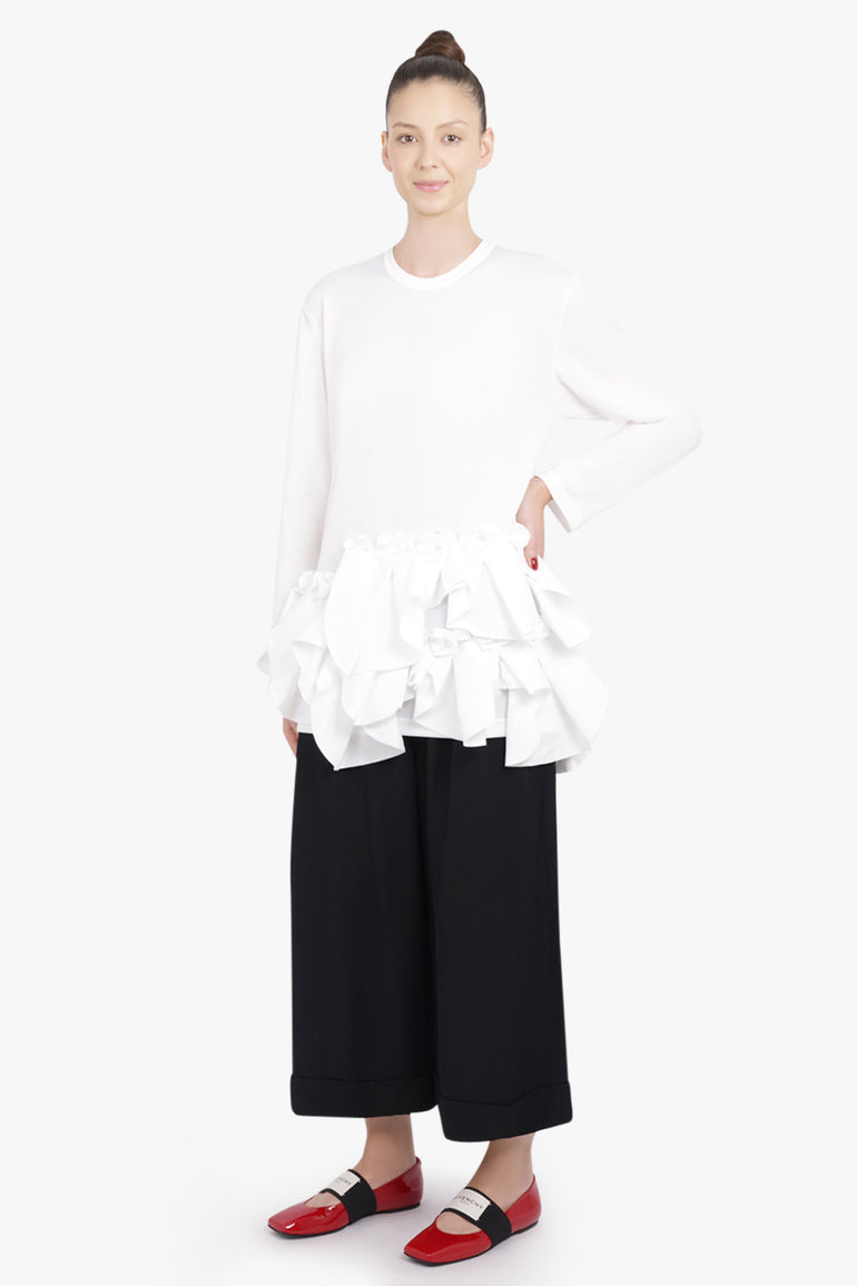 COMME DES GARCONS RTW Crew Neck L\S  Top with Exaggerated Ruffle Hem | White