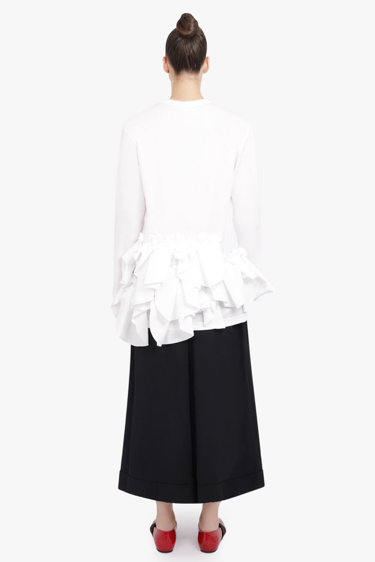 COMME DES GARCONS RTW Crew Neck L\S  Top with Exaggerated Ruffle Hem | White