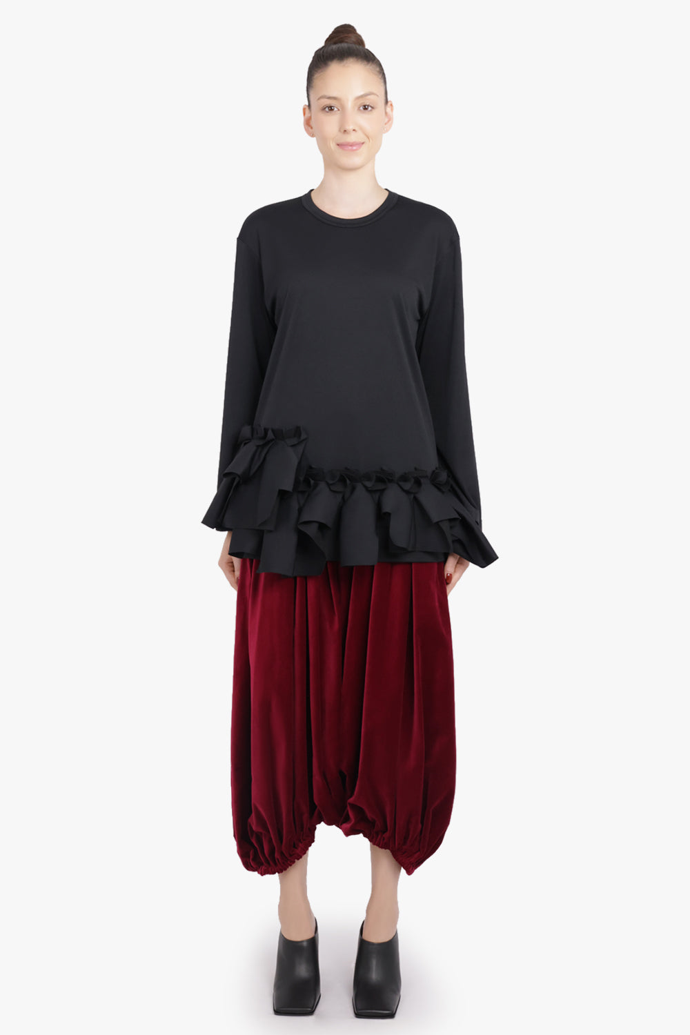 COMME DES GARCONS RTW Crew Neck L\S  Top with Ruffle Hem | Black