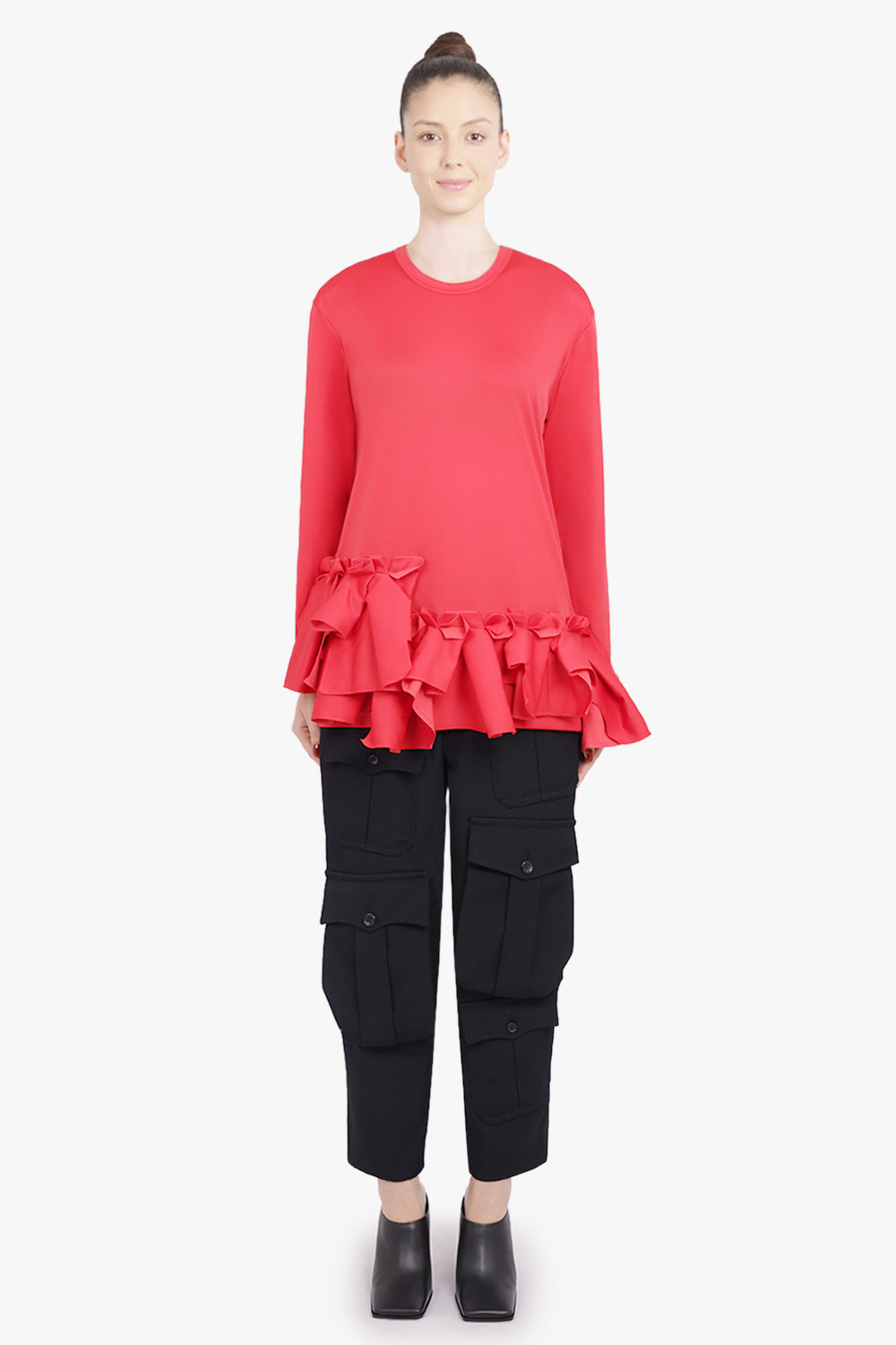 COMME DES GARCONS RTW Crew Neck L\S  Top with Ruffle Hem | Red
