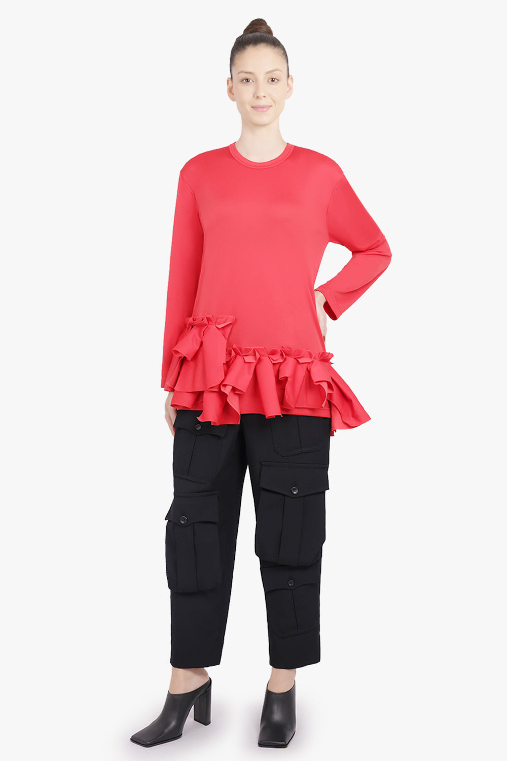 COMME DES GARCONS RTW Crew Neck L\S  Top with Ruffle Hem | Red