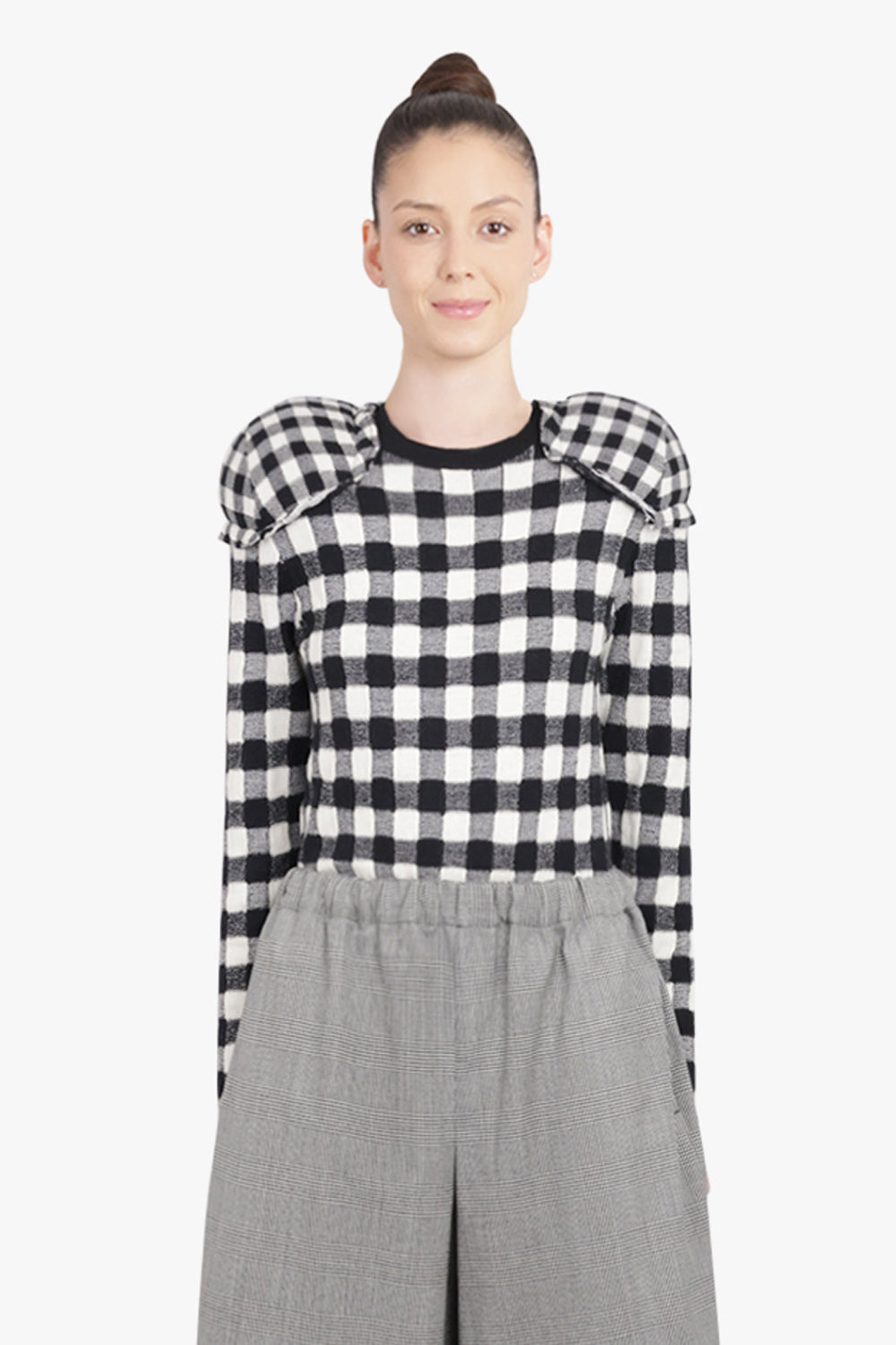 COMME DES GARCONS RTW Knit Check L/S Top with Padded Shoulder Pads | Black/White