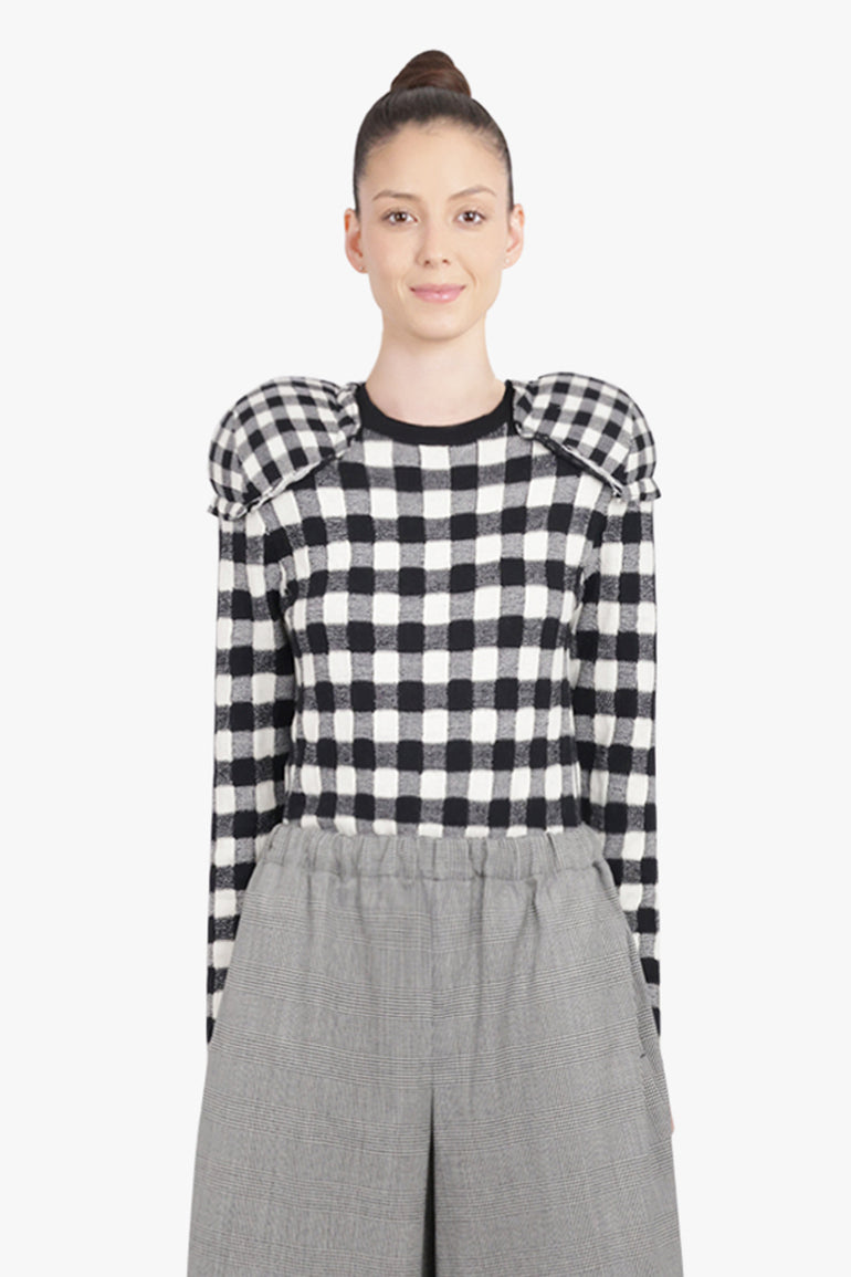 COMME DES GARCONS RTW Knit Check L/S Top with Padded Shoulder Pads | Black/White