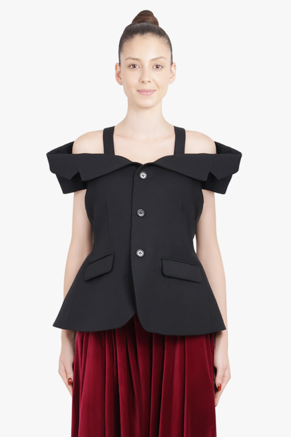 NOIR KEI NINOMIYA RTW Off Shoulder Tailored Peplum Vest | Black