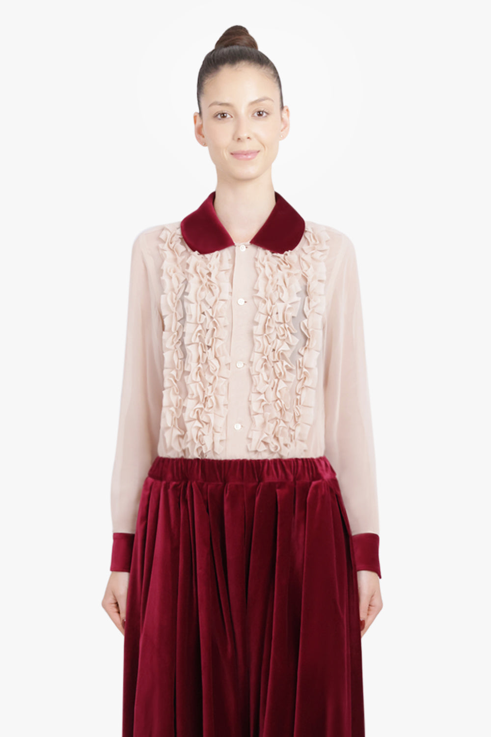 COMME DES GARCONS RTW Ruffle Embellish L/S Shirt With Velvet Trim | Beige/Burgundy