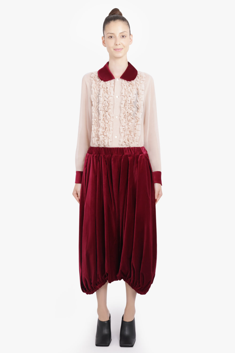 COMME DES GARCONS RTW Elastic Waist Velvet Drop Crotch Pant | Burgundy