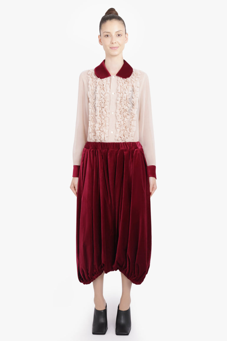 COMME DES GARCONS RTW Elastic Waist Velvet Drop Crotch Pant | Burgundy