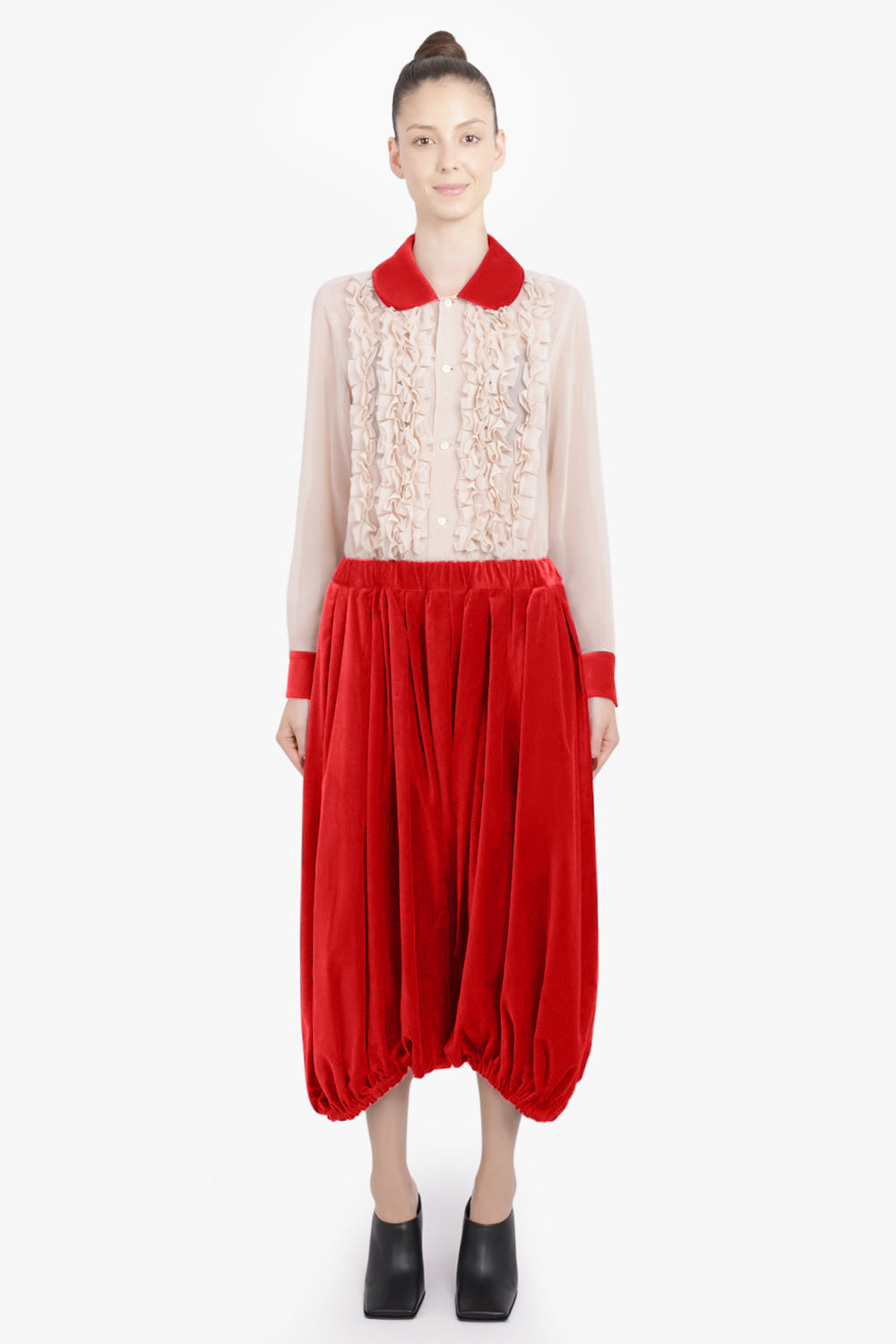 COMME DES GARCONS RTW Elastic Waist Velvet Drop Crotch Pant | Red