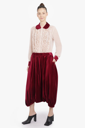 COMME DES GARCONS RTW Elastic Waist Velvet Drop Crotch Pant | Burgundy