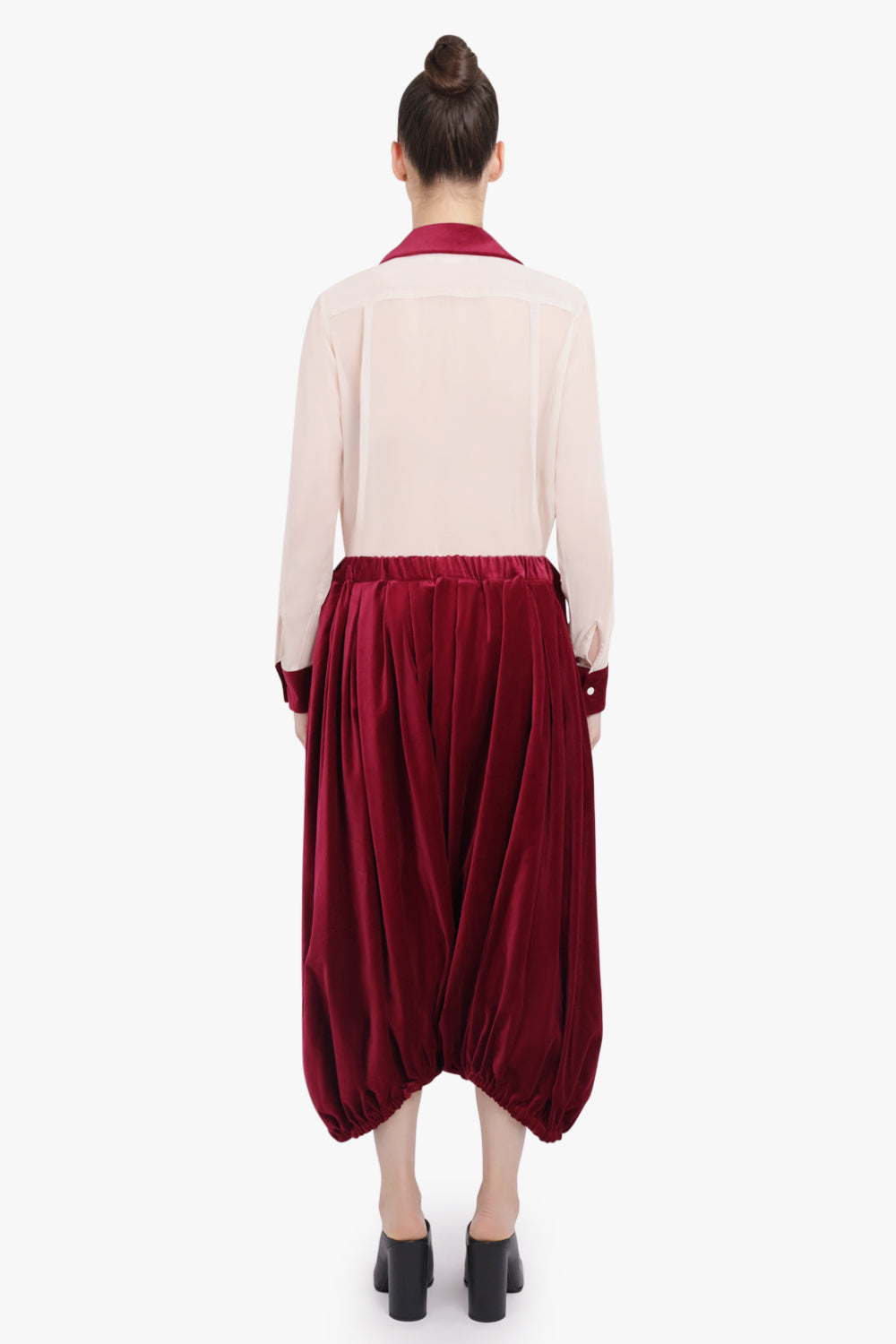 COMME DES GARCONS RTW Elastic Waist Velvet Drop Crotch Pant | Burgundy