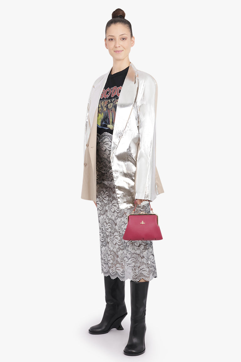 RABANNE RTW Metallic Lace Straight Midi Skirt | Silver