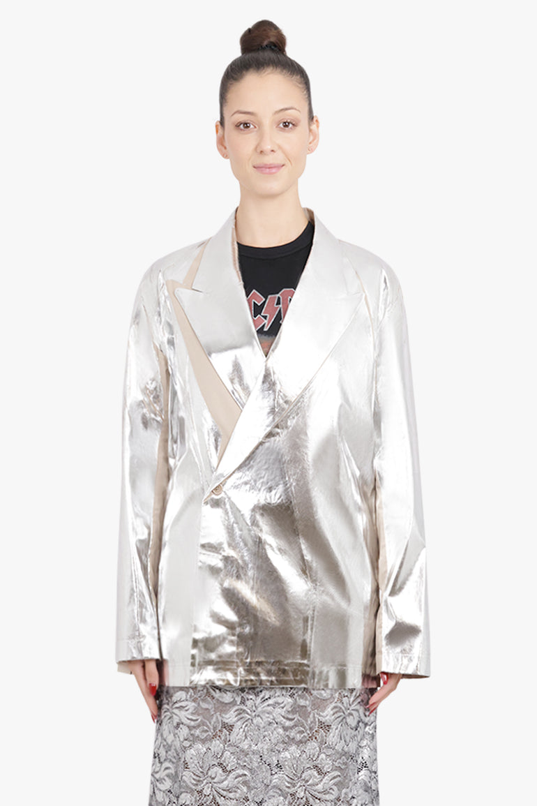 DRIES VAN NOTEN RTW Caplan Silver Overlay Double Breasted Shirt Jacket | Silver/Sand