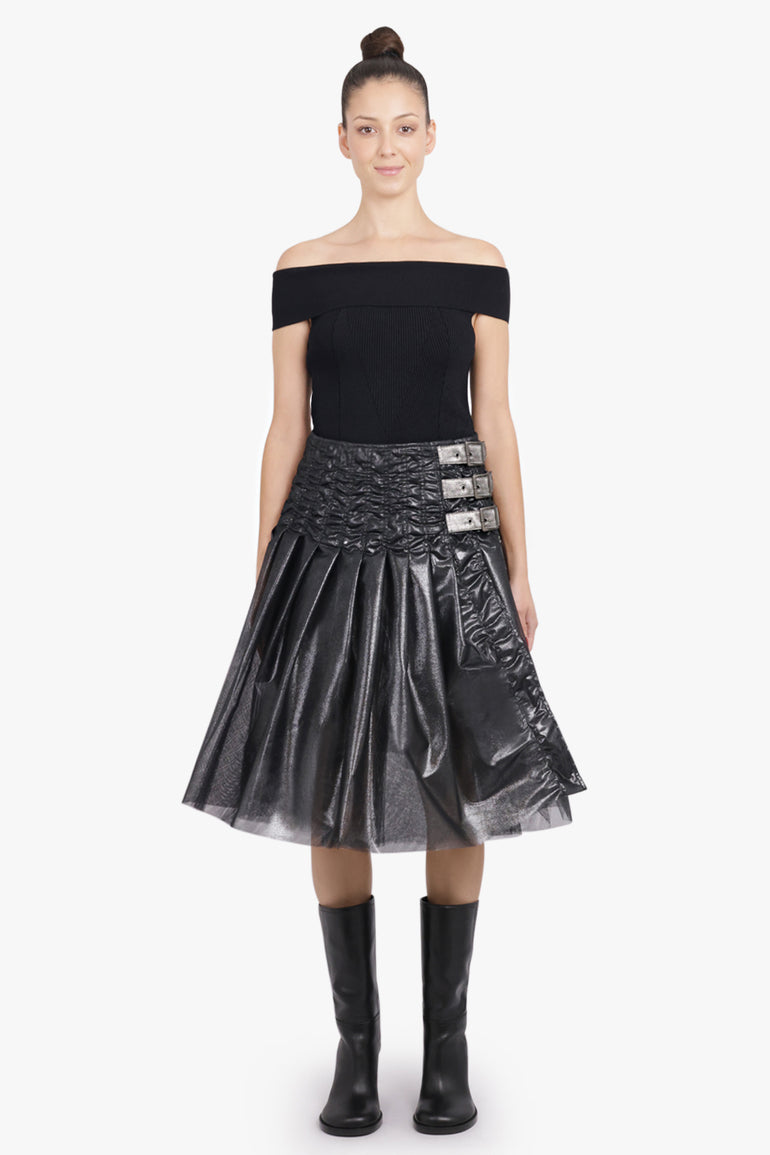 JUNYA WATANABE RTW Foiled Print Tulle Gathered Midi Skirt | Silver/Black