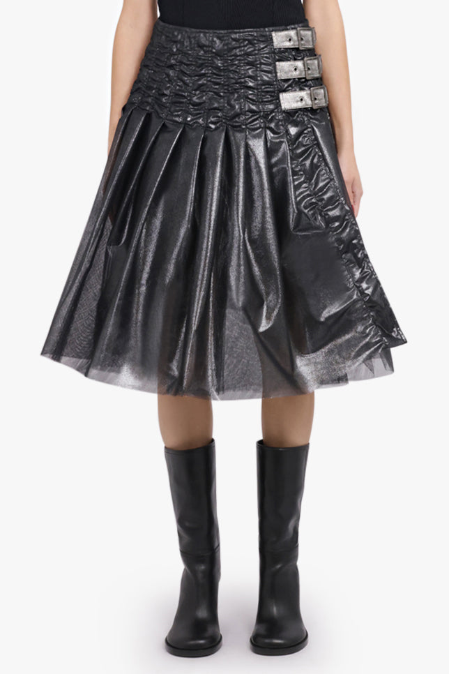 JUNYA WATANABE RTW Foiled Print Tulle Gathered Midi Skirt | Silver/Black