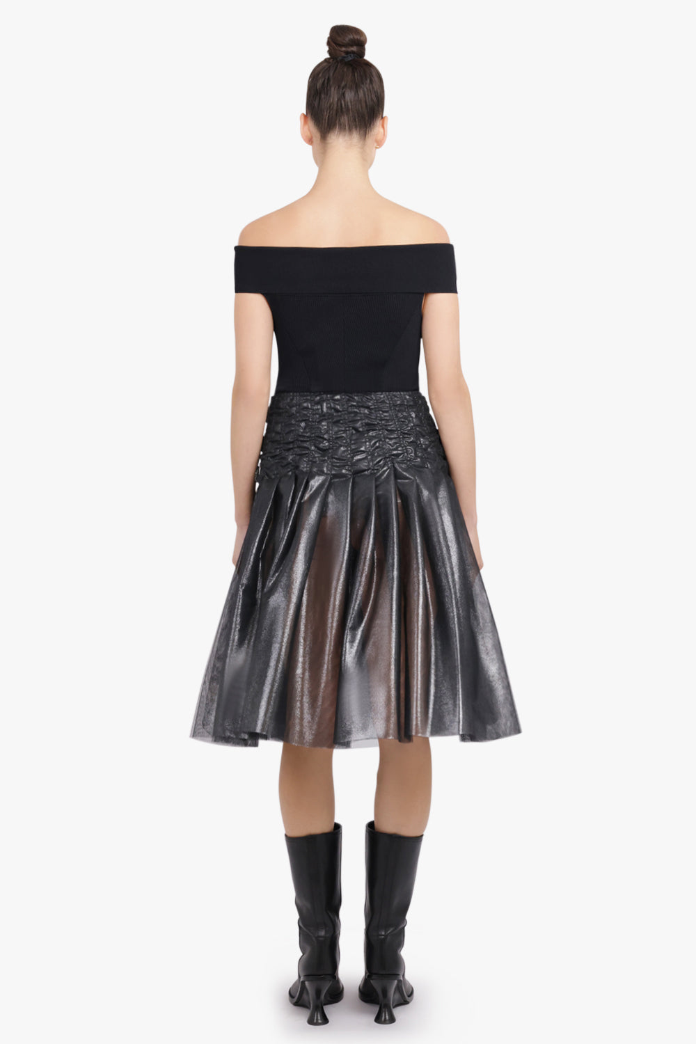 JUNYA WATANABE RTW Foiled Print Tulle Gathered Midi Skirt | Silver/Black