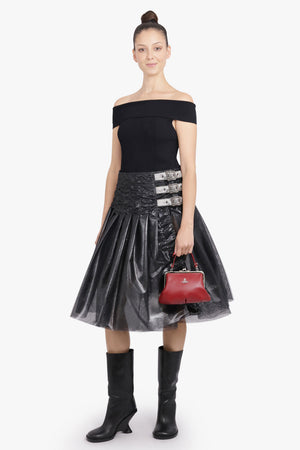 JUNYA WATANABE RTW Foiled Print Tulle Gathered Midi Skirt | Silver/Black