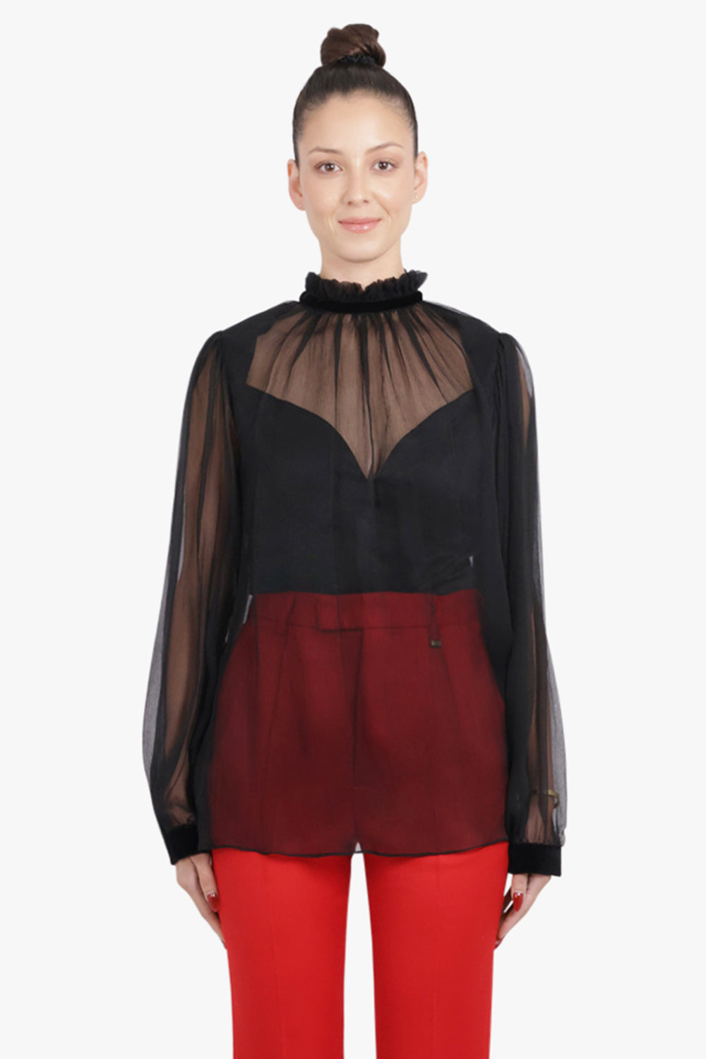 NINA RICCI RTW Sheer L/S High Neck Blouse With V Neck Slip | Black