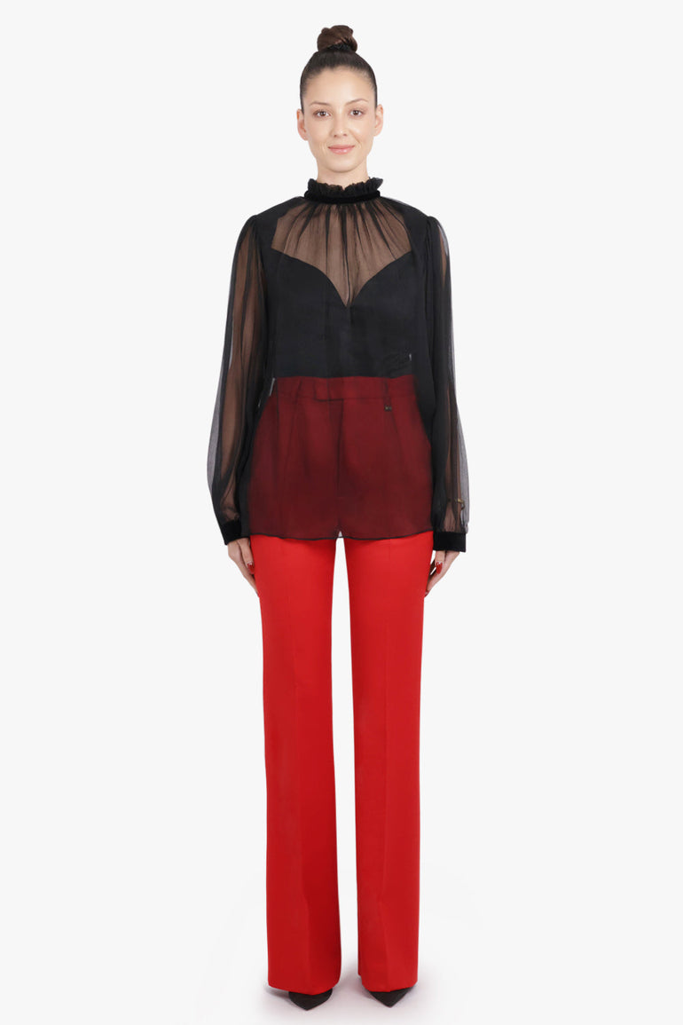 NINA RICCI RTW Sheer L/S High Neck Blouse With V Neck Slip | Black