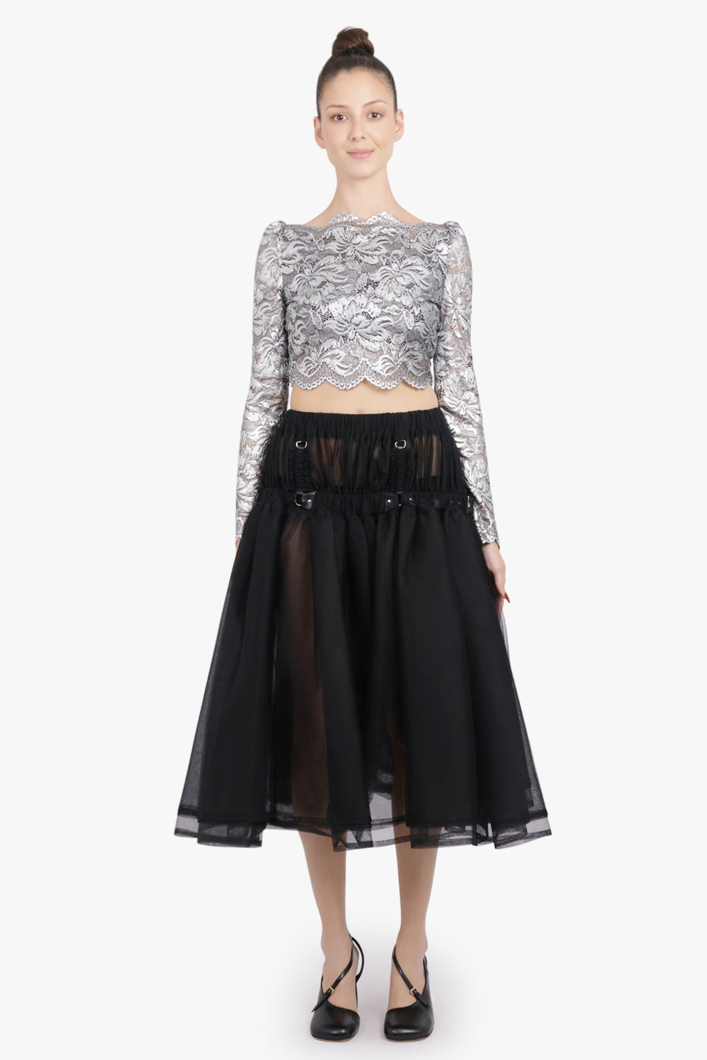 NOIR KEI NINOMIYA RTW Layered Tulle Garter Belted Midi Skirt | Black