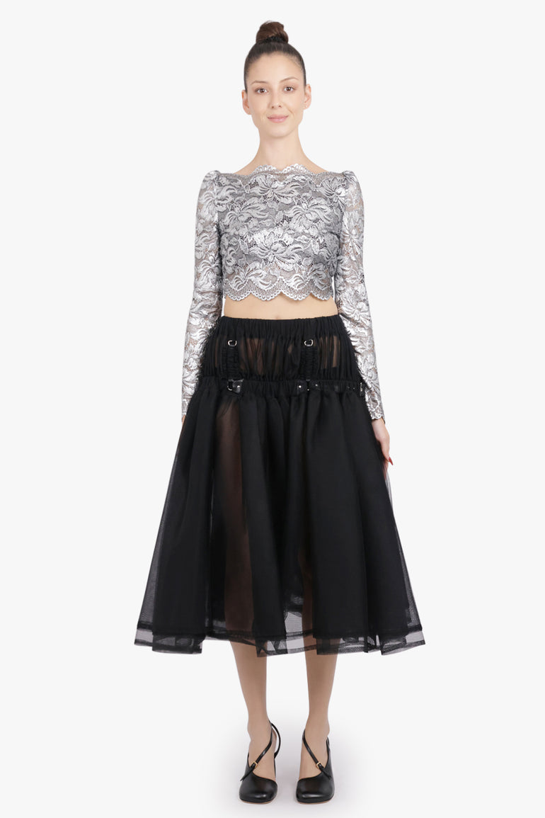 NOIR KEI NINOMIYA RTW Layered Tulle Garter Belted Midi Skirt | Black