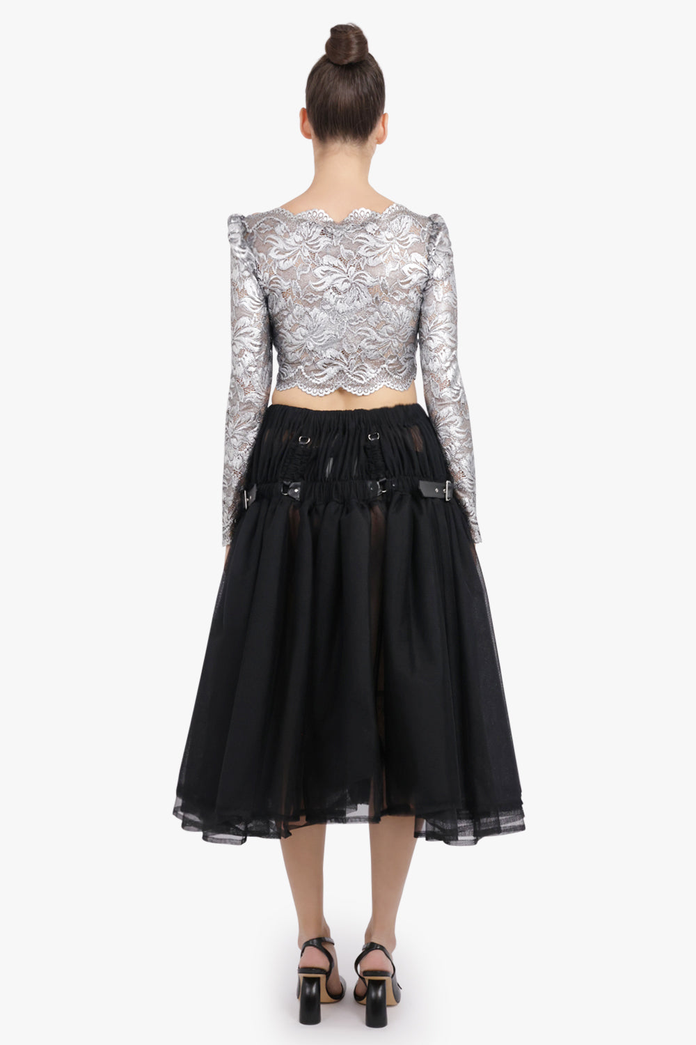 NOIR KEI NINOMIYA RTW Layered Tulle Garter Belted Midi Skirt | Black