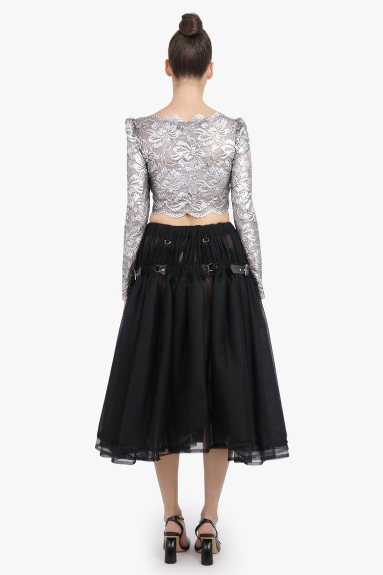 NOIR KEI NINOMIYA RTW Layered Tulle Garter Belted Midi Skirt | Black