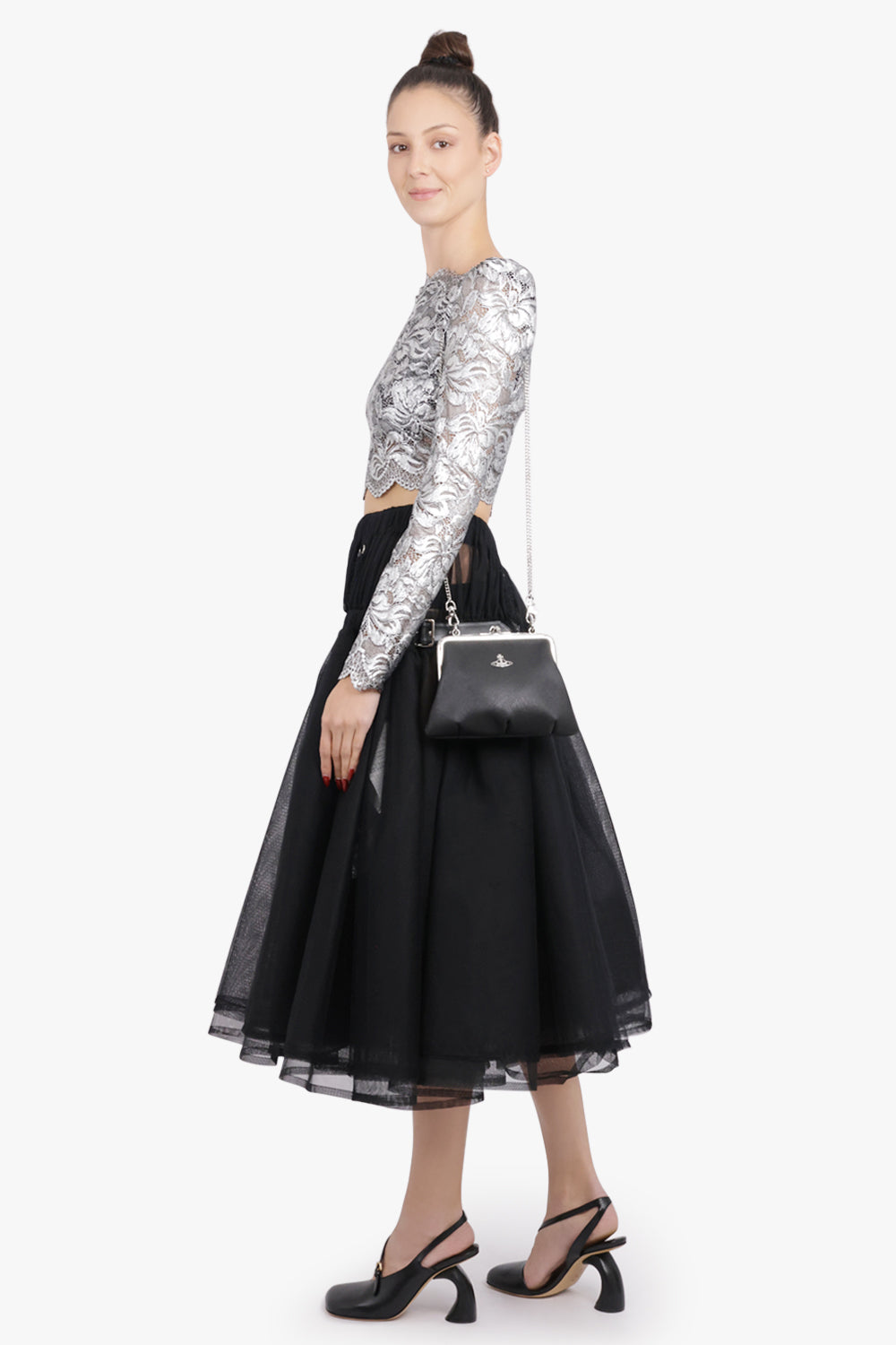 NOIR KEI NINOMIYA RTW Layered Tulle Garter Belted Midi Skirt | Black