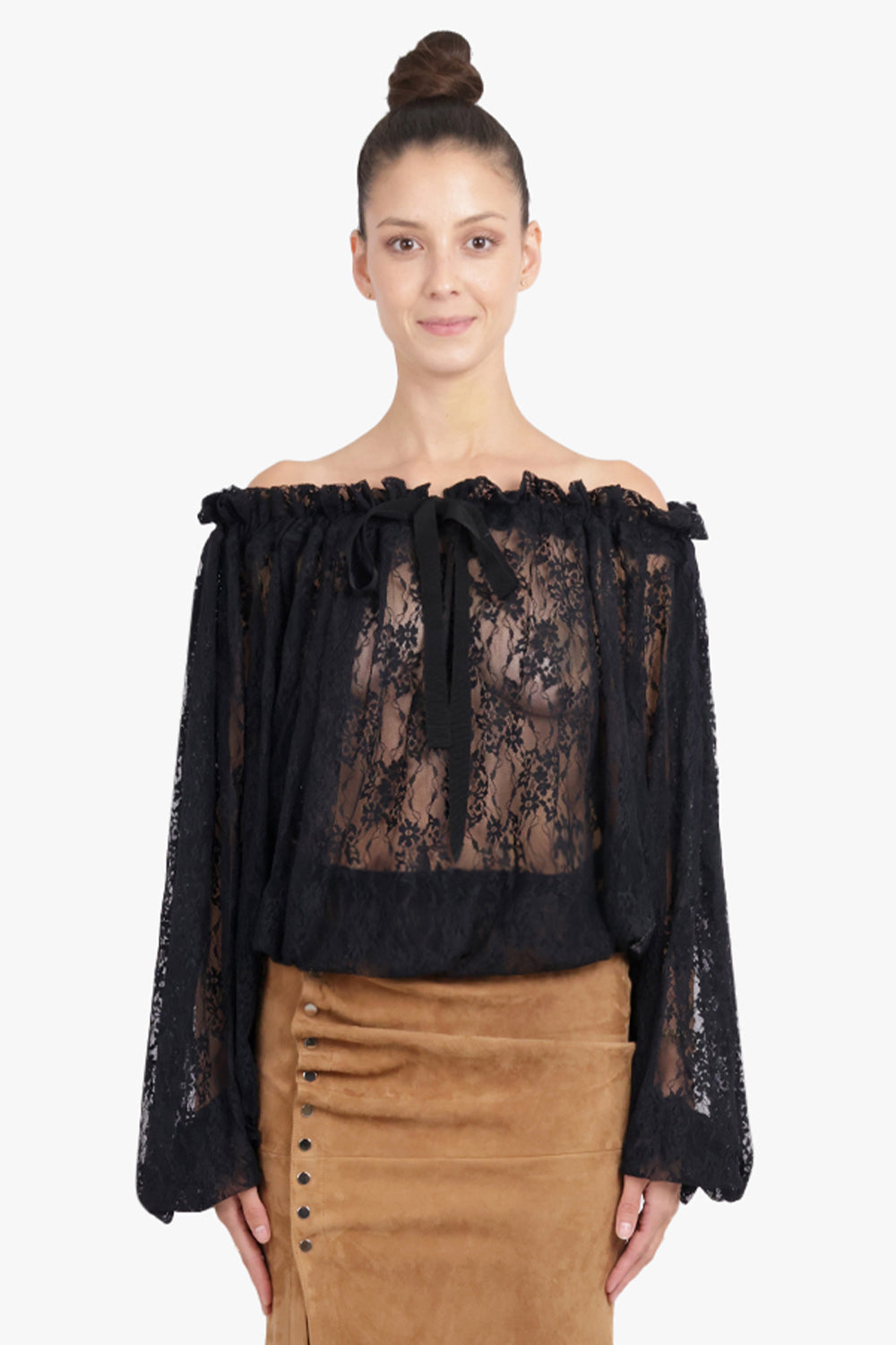 PATOU RTW Iconic Tie Neck Lace Blouse | Black